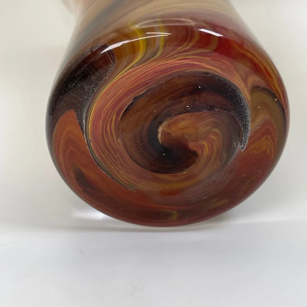 Vintage Art Glass Swirl Trumpet‎ Vase Orange Brown Earth Tones Hand Blown 9